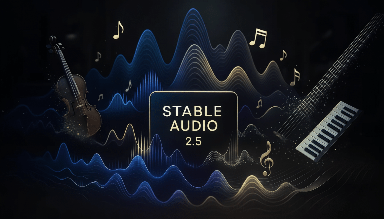 An image featuring the Stable Audio 2.5 logo in the center, surrounded by abstract sound waves, musical notes, a violin on the left, and a keyboard at