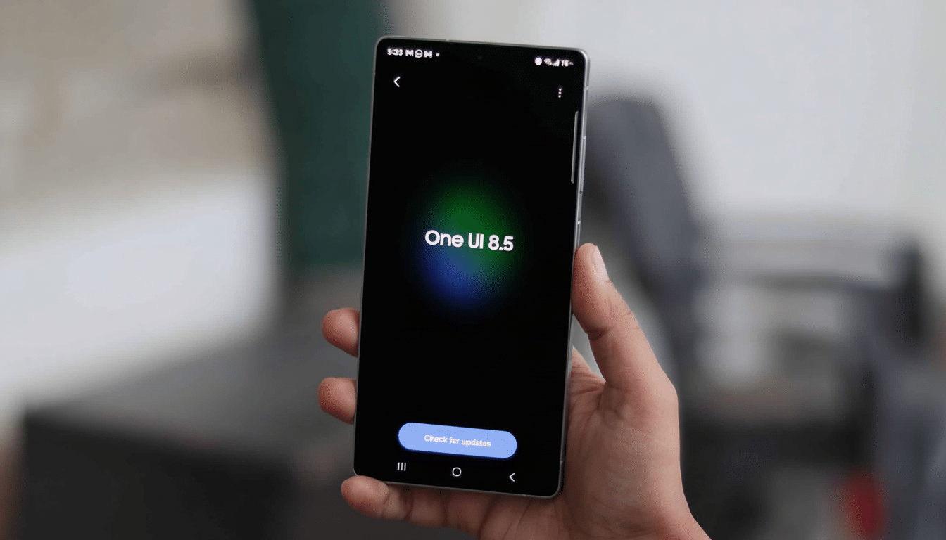 A hand holding a Samsung smartphone displaying One UI 8.5 on a dark screen with a soft green and blue glow, and a Check for updates button at the bott