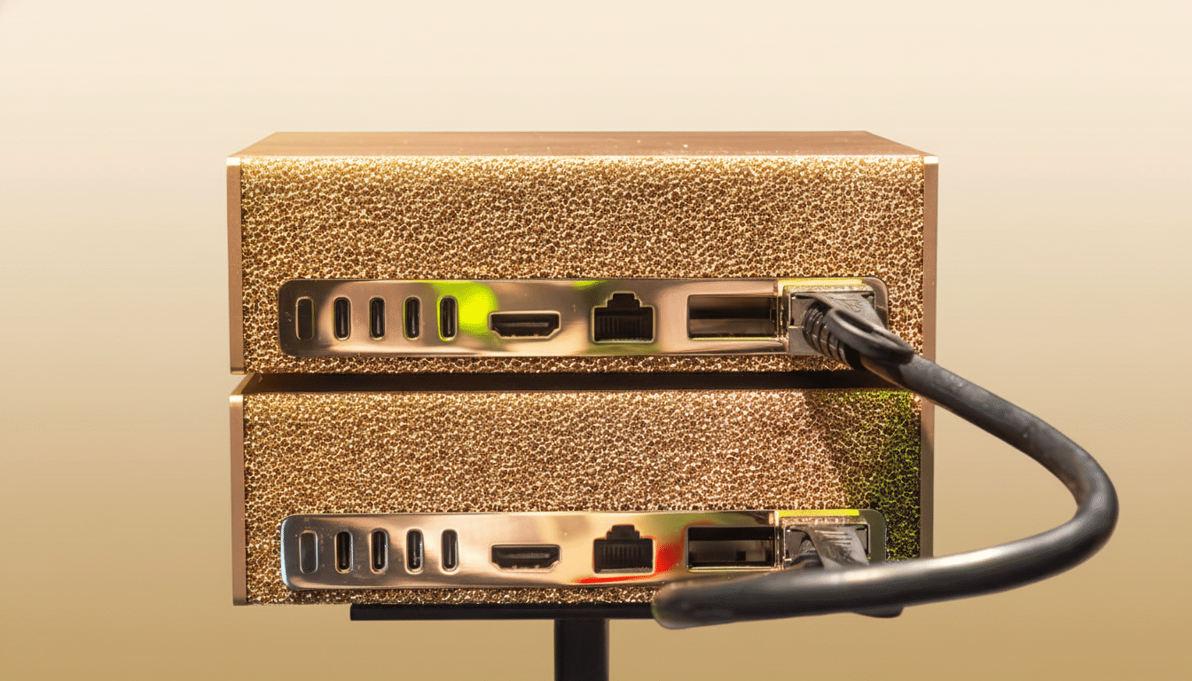 Two stacked gold-colored computer units with multiple ports and connected cables against a professional gradient background. Filename : stacked goldcomputer units.png