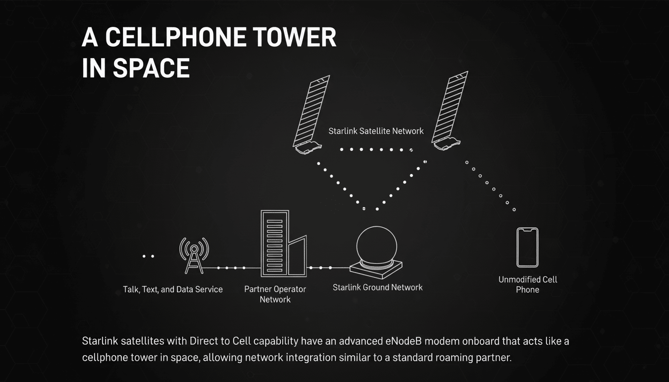 Diagram illustrating how Starlink satellites function as a cellphone tower in space, connecting unmodified cell phones to talk , text, and data services via a partner operator network and Star link ground network.