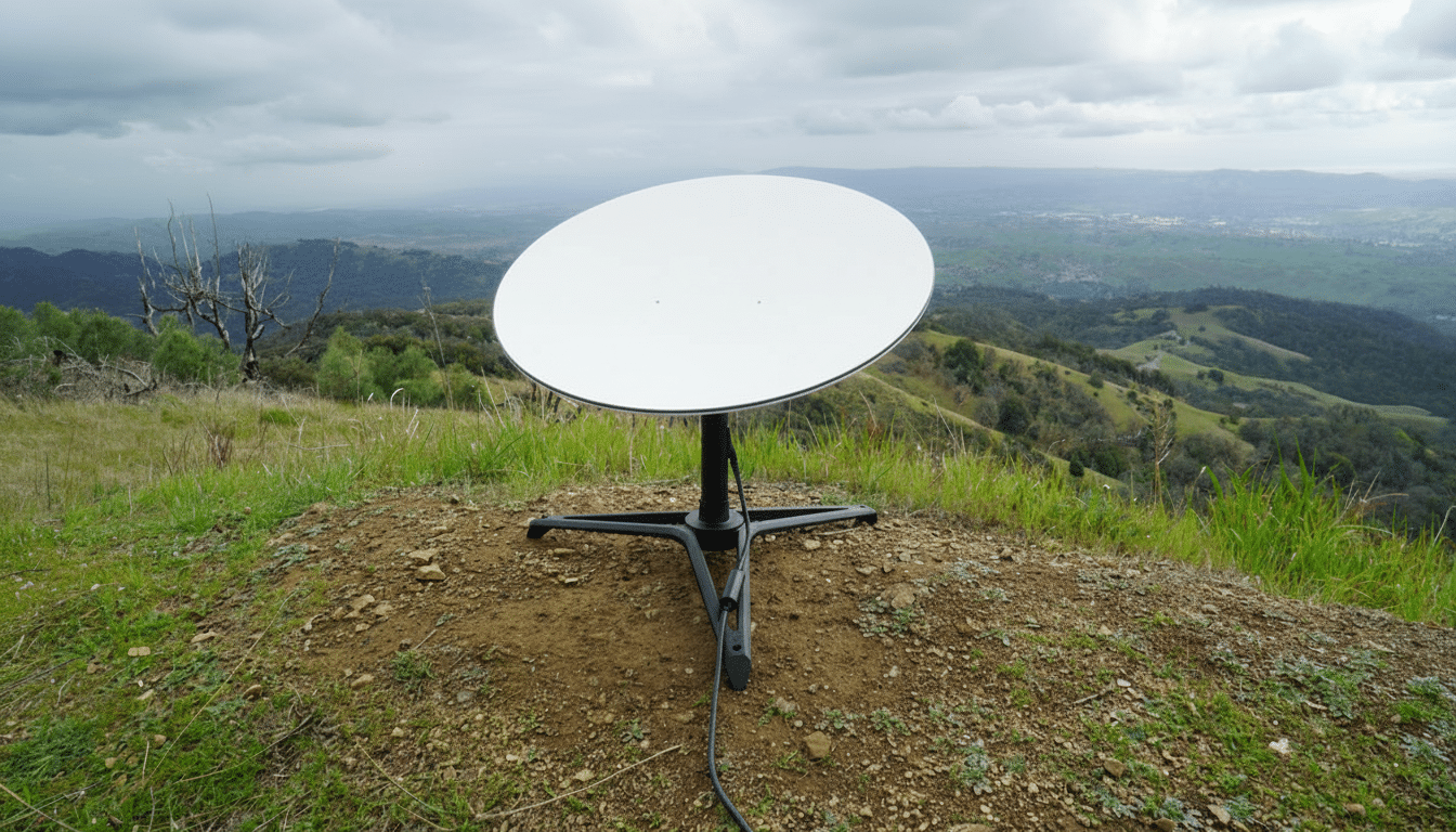 A Star link satellite dish positioned on a grassy hill with a panoramic view of rolling hills and a cloudy sky in the background.