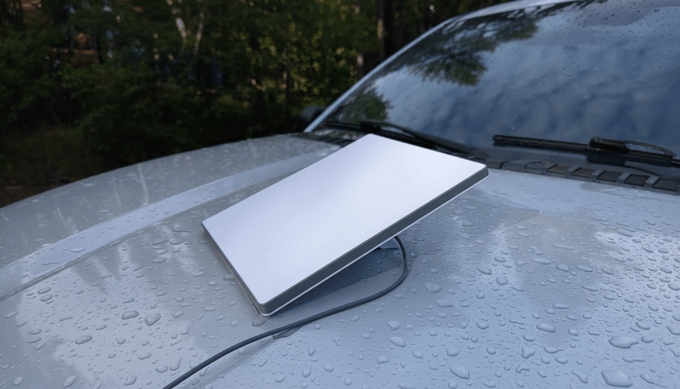 A Star link satellite dish, also known as Dish y, resting on the wet hood of a vehicle with a forest in the background.