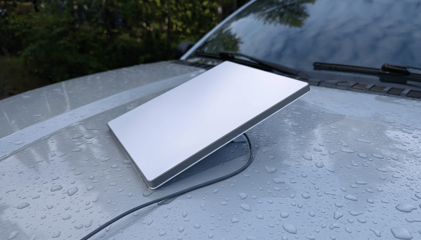 A Star link satellite dish, also known as Dish y, sits on the wet hood of a silver vehicle with trees in the background.