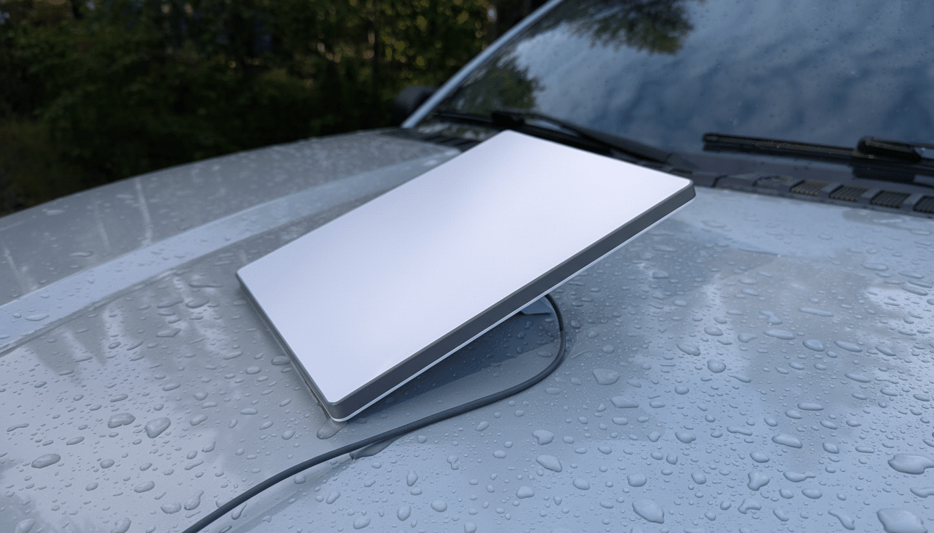 A Star link satellite dish, also known as Dish y, is positioned on the wet hood of a vehicle . The background shows trees.