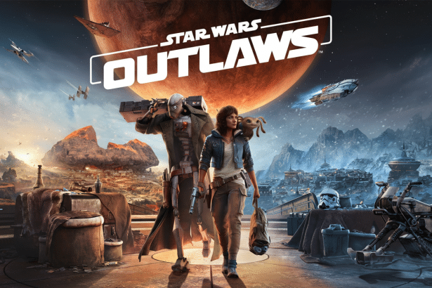 The Star Wars Outlaws game cover showing the main characters, Kay V ess and Nix, walking forward with a large reddish planet and space battle in the b