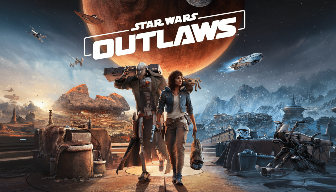 The Star Wars Outlaws game cover showing the main characters, Kay V ess and Nix, walking forward with a large reddish planet and space battle in the b