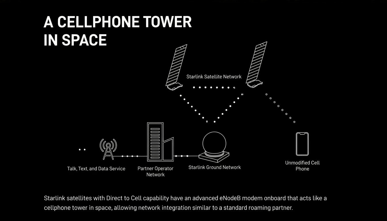 Diagram showing how Starlink satellites with Direct to Cell capability act as a cellphone tower in space, enabling talk, text, and data service to unm