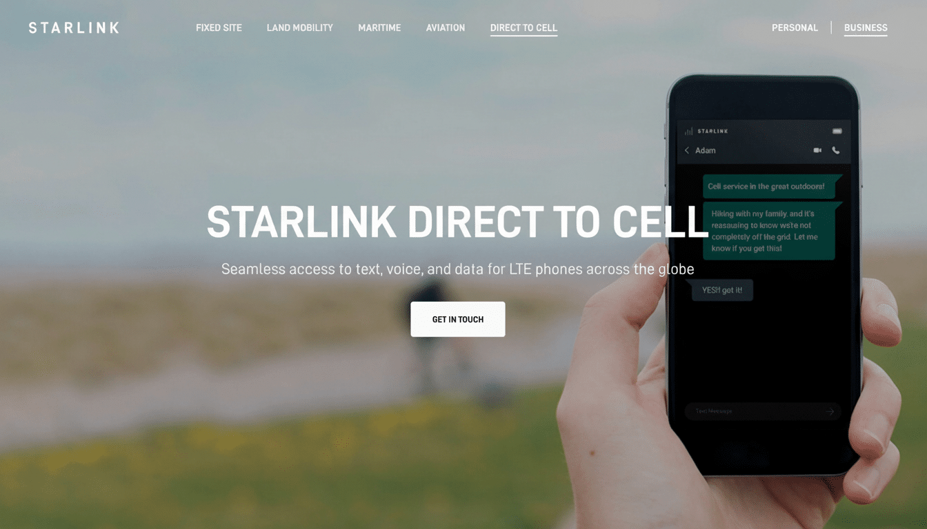 Star link Direct to Cell homepage with a hand holding a smartphone displaying a text message and Star link logo.