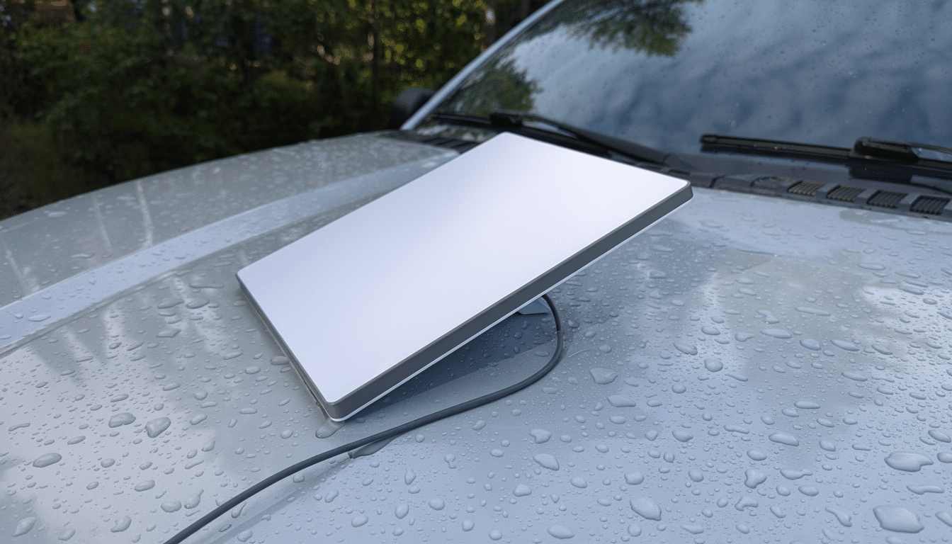 A rectangular white Starlink satellite dish with a black cable resting on the wet hood of a light grey vehicle, with trees visible in the background.
