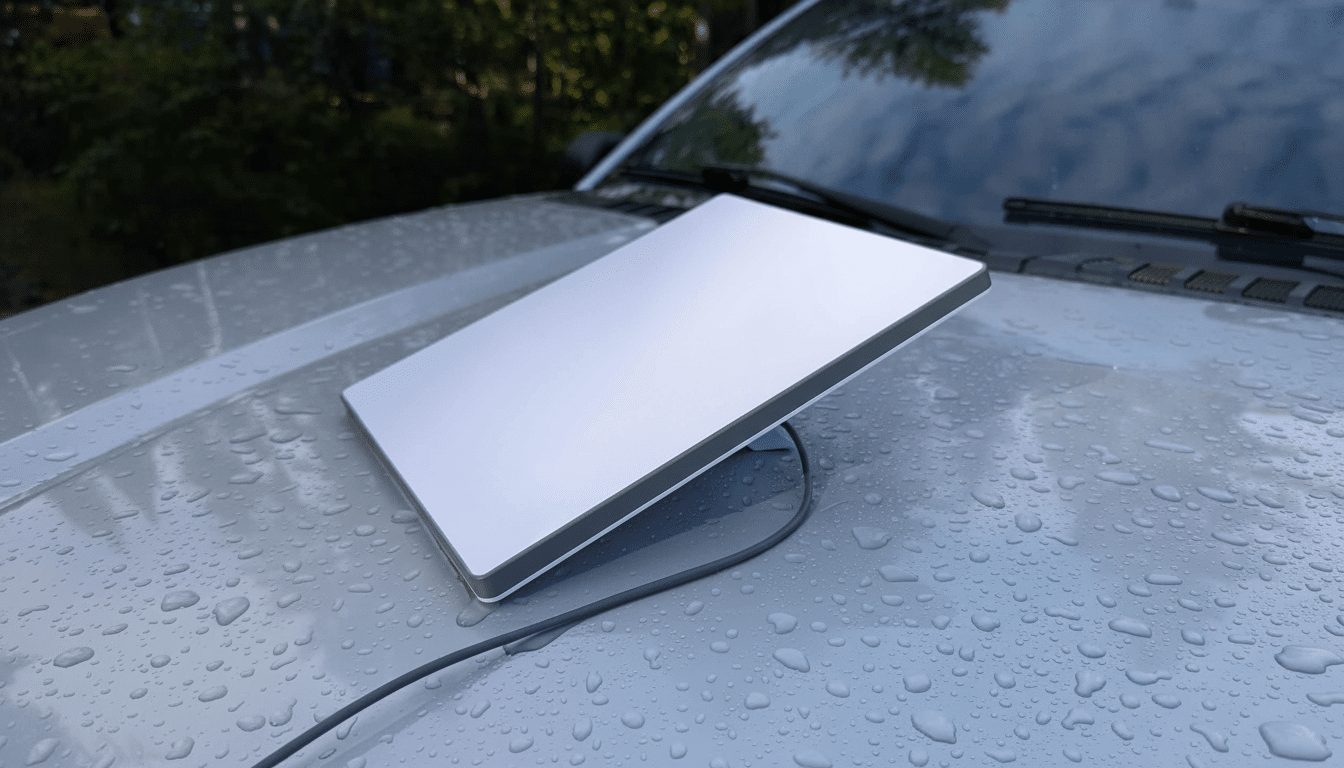 A Star link satellite dish, wet with rain, is mounted on the hood of a vehicle.