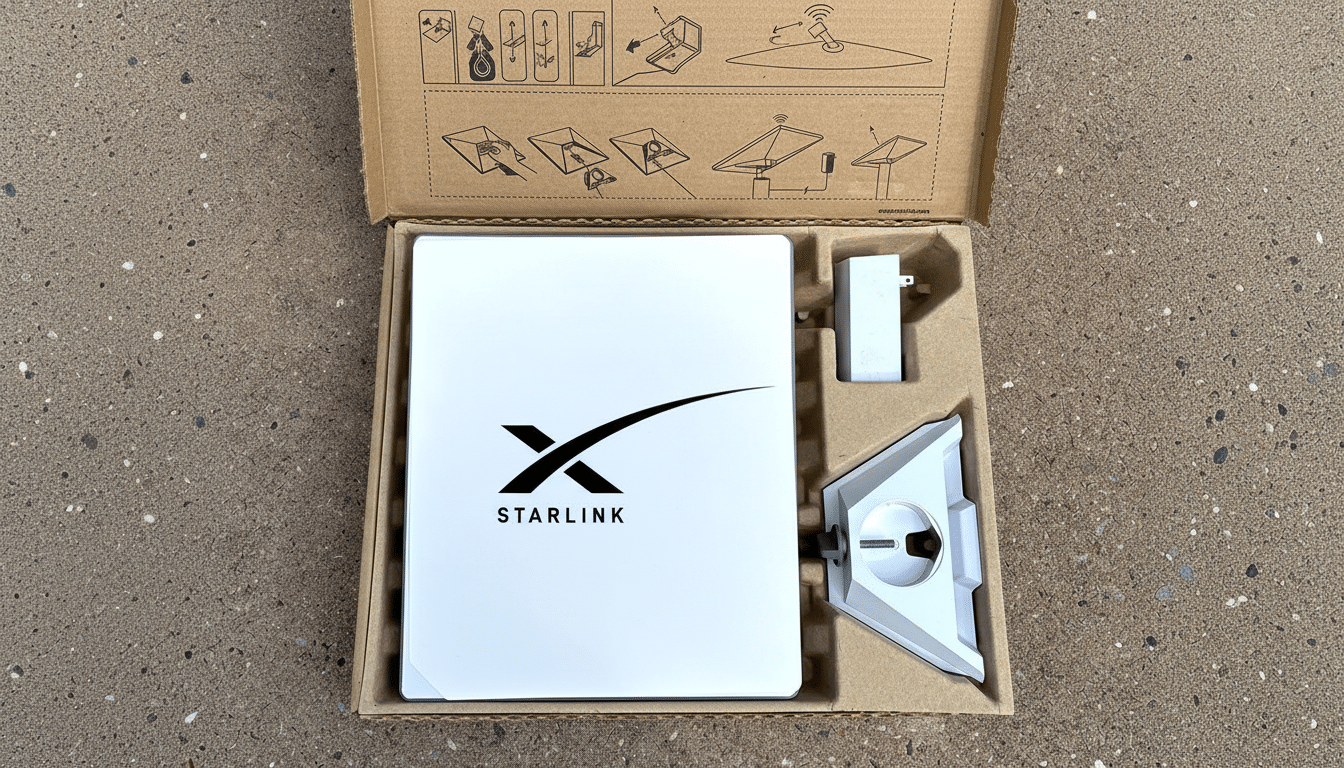 A Starlink satellite internet dish and its stand are neatly packaged in a cardboard box, ready for setup, with setup instructions printed on the insid