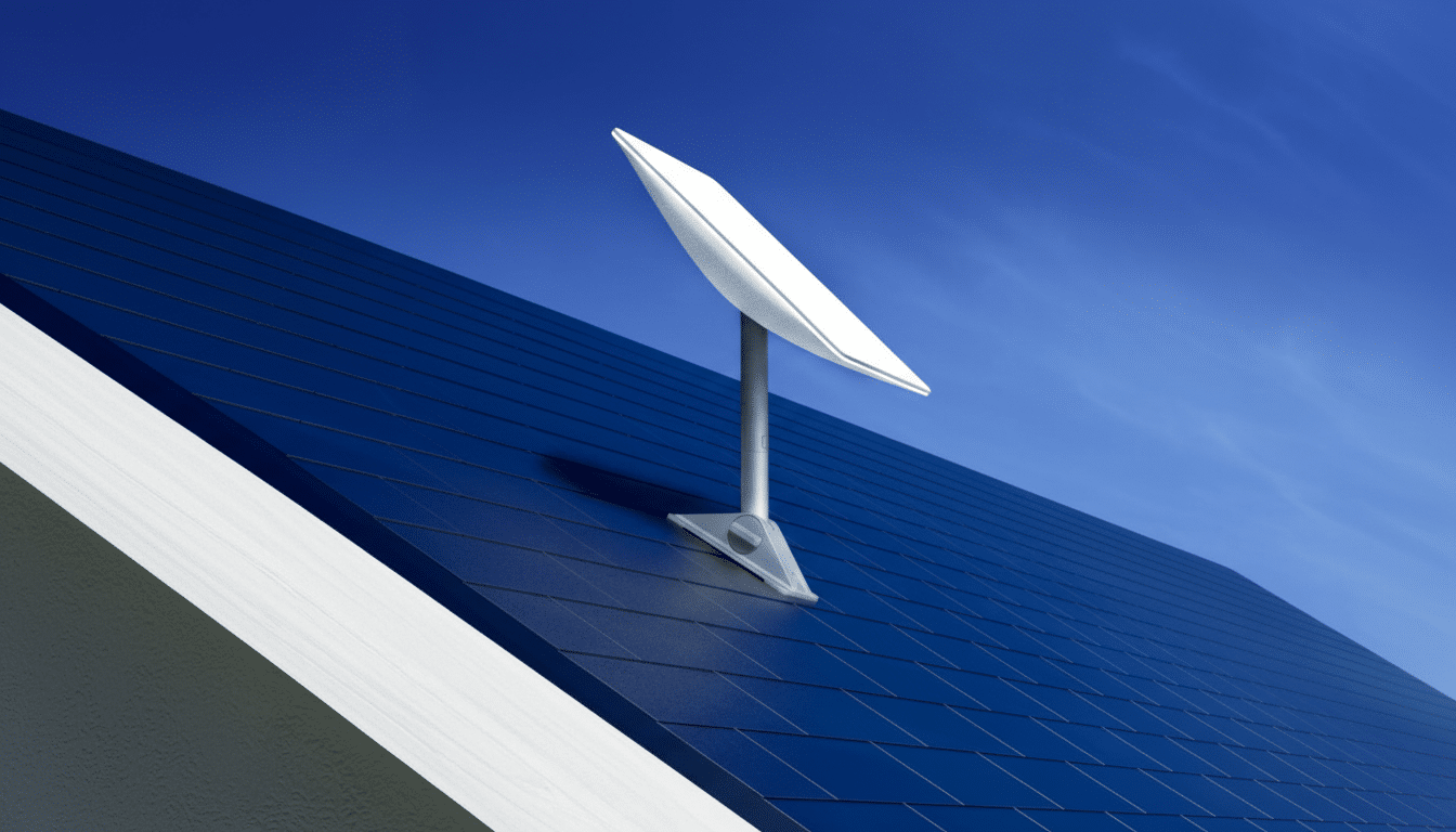 A white Star link satellite dish mounted on a dark blue tiled roof, seen against a clear blue sky.