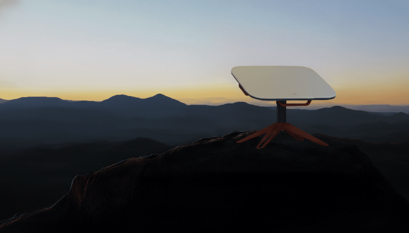 A Star link dish on a rocky outcrop against a mountain range at sunset. Filename : starlink dishsunset mountains.png