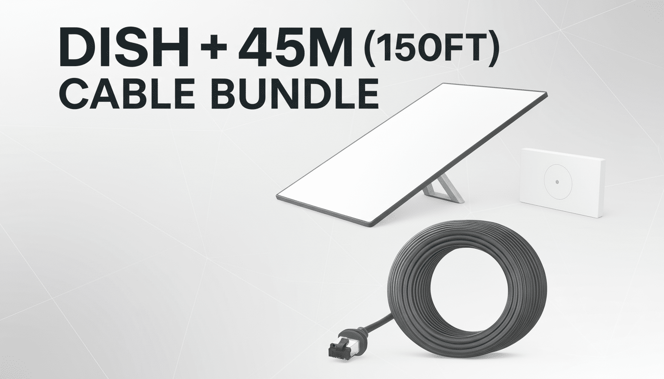 A DISH + 45M ( 150FT ) CABLE B UNDLE with a sleek, flat white dish, a rectangular white router, and a coiled black ethernet cable with an RJ 4 5 conne