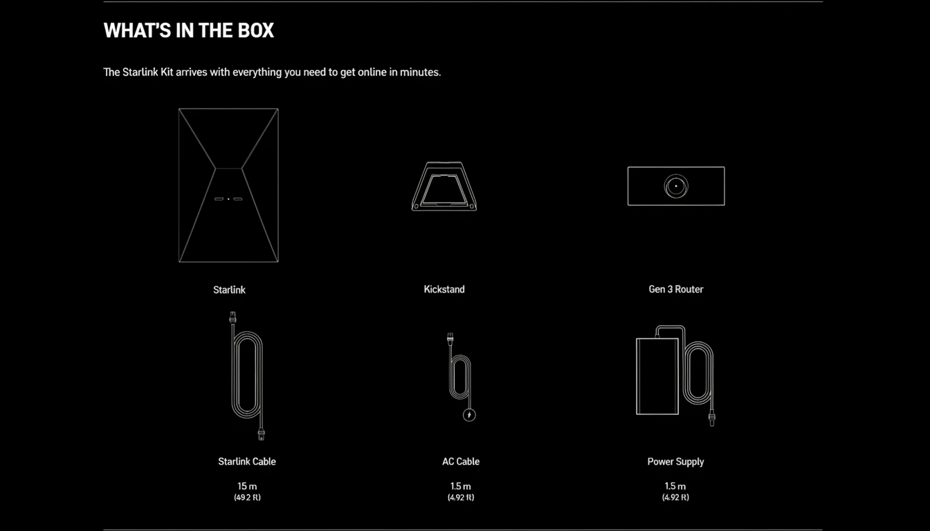 An enhanced 16: 9 image showing the contents of the Starlink Kit. The image includes line art representations of the Star link dish, Kick stand, Gen 3