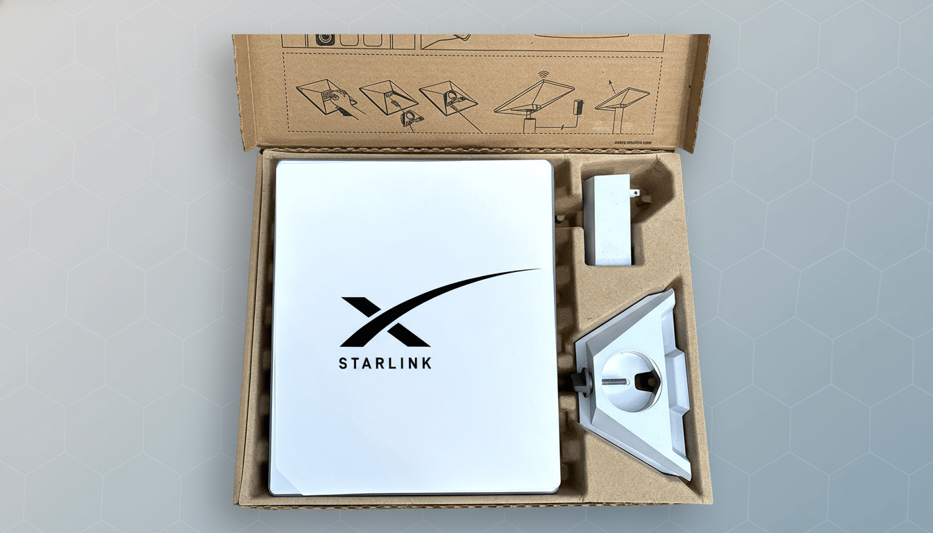 A Starlink satellite internet kit with the dish and stand in its original packaging , resized to 16:9 aspect ratio and enhanced , with a professional flat background .