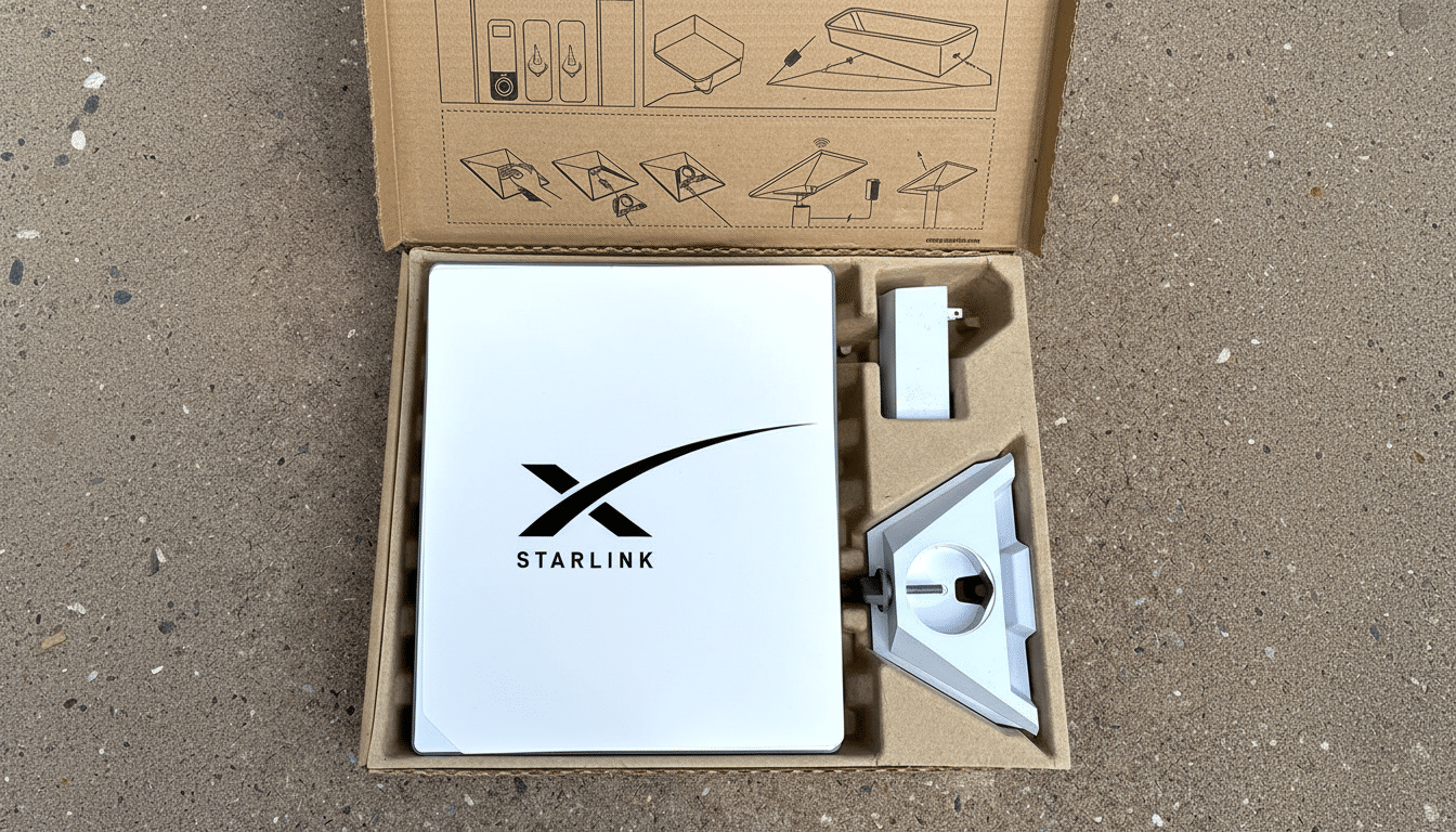 An open Starlink box revealing the white Star link router , power adapter, and stand , all nestled in their cardboard compartments .