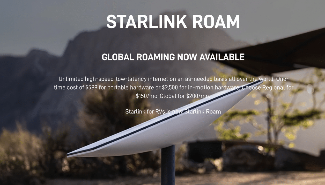 Starlink Roam advertisement displaying the Star link dish in a desert landscape with text overlays about global roaming availability, pricing, and ser
