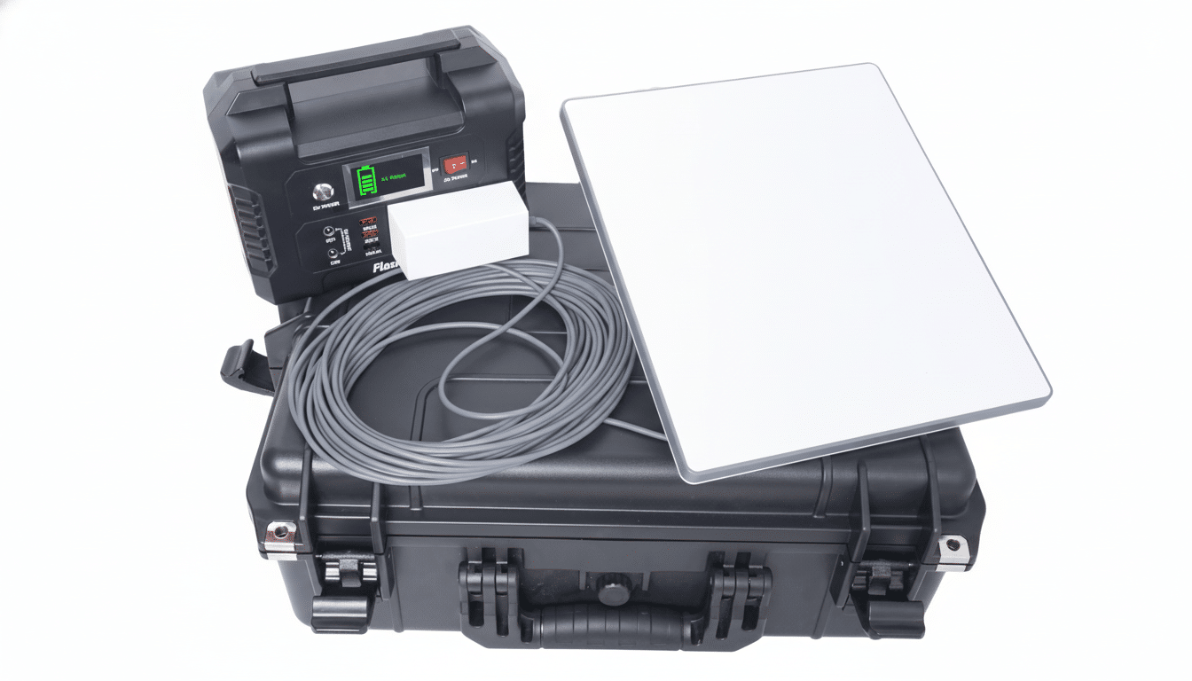 Star link Ro am system including the dish , power bank, cables , and a protective case, all presented on a white background .