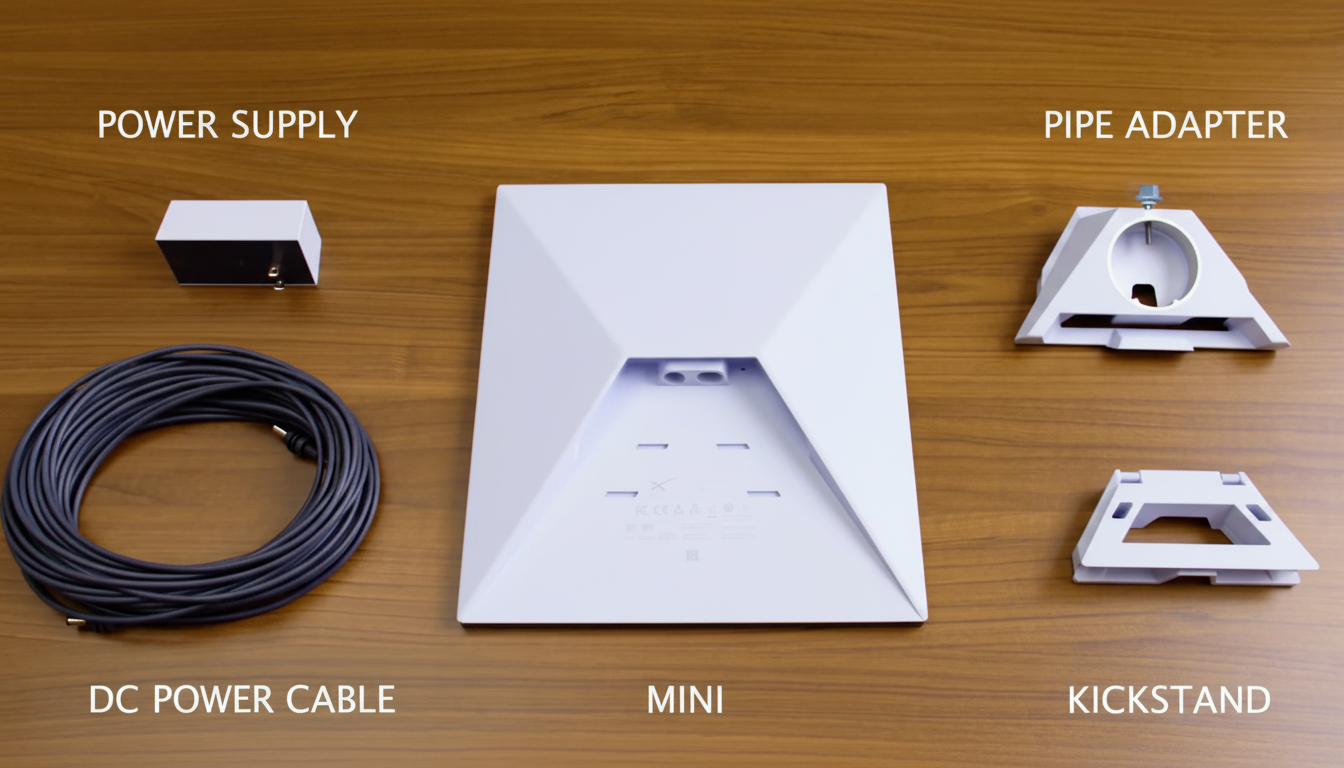 A top-down view of various white electronic components and a coiled black cable laid out on a wooden surface, labeled as POWER SUPPLY, DC POWER CABLE, MINI, PIPE ADAPTER, and KICKSTAND.