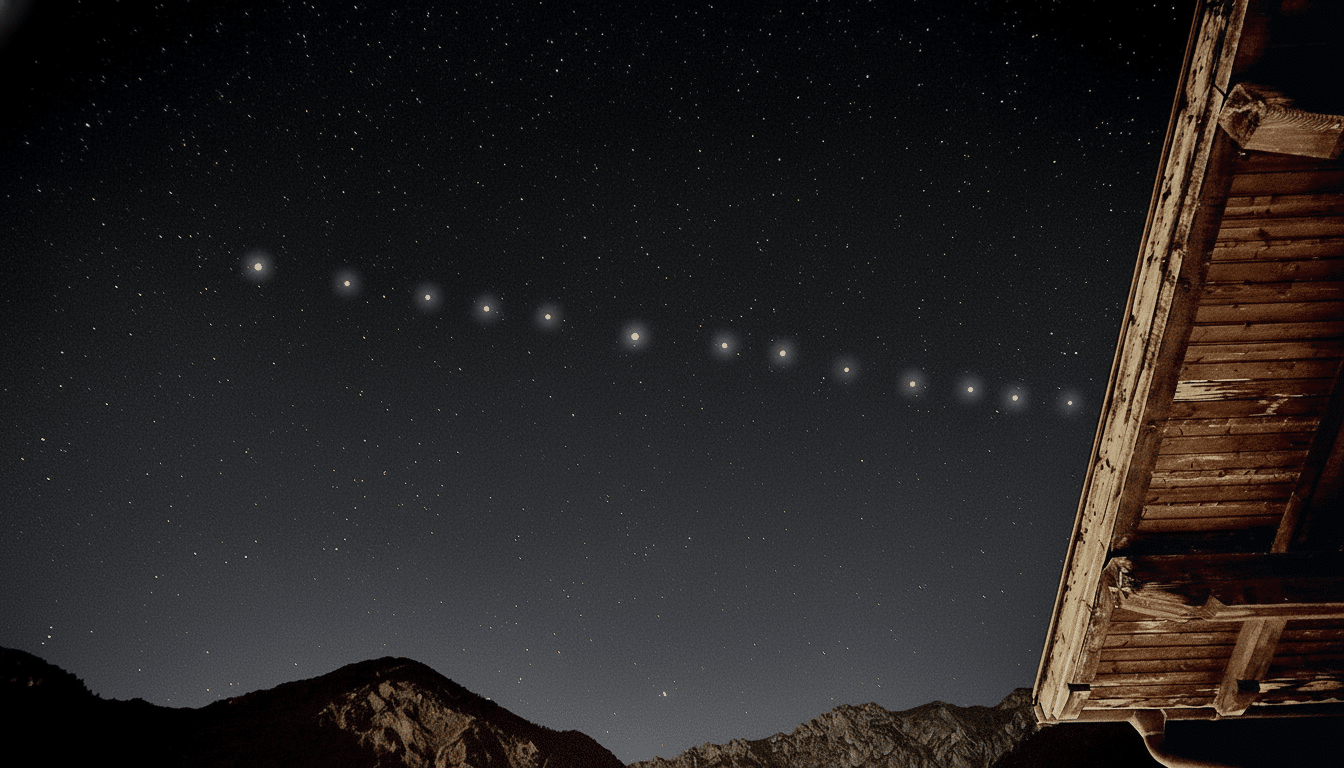 A night sky with a train of Star link satellites, mountains, and part of a wooden roof visible in the foreground.