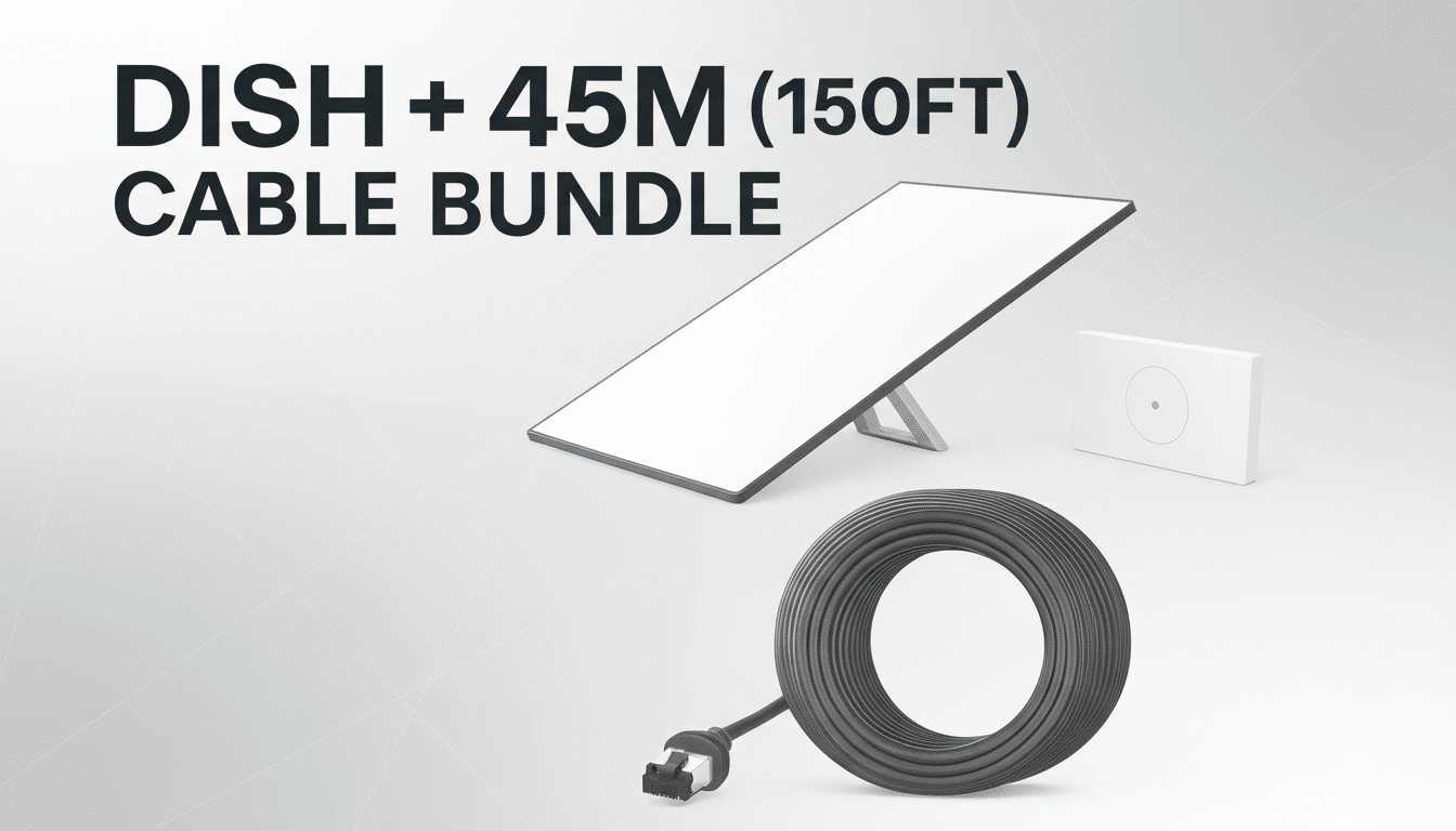 A DISH + 45M ( 150FT ) CABLE B UNDLE with a sleek , flat-panel dish antenna , a rectangular white router , and a coiled black ethernet cable with an RJ45 connector, all professionally presented on a white background with a subtle gray pattern.