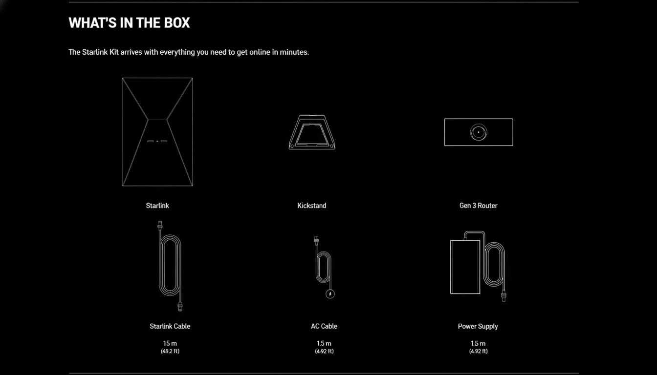 An image detailing the contents of a Starlink kit, including the Starlink dish , kickstand, Gen 3 router , Starlink cable , AC cable, and power supply, all presented with text on a black background .