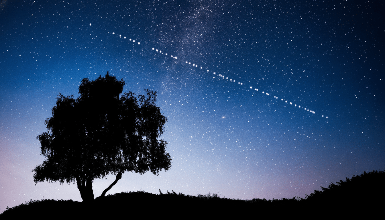 A solitary tree sil houetted against a night sky filled with stars and a visible trail of lights, likely satellites , stretching across the blue and purple gradient.
