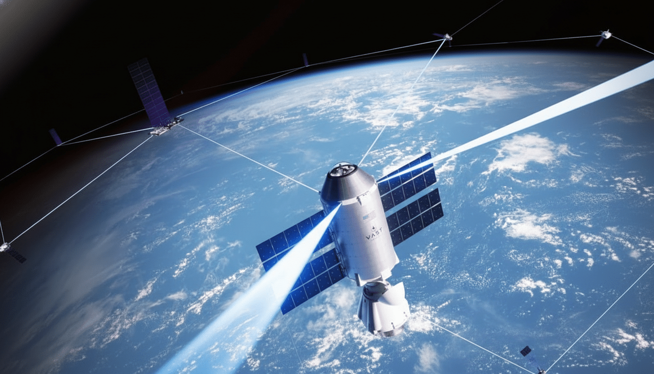 A V AST space station and a network of connected satellites orbiting Earth, with bright beams of light connecting them. Filename : vastspace stationnetwork . png