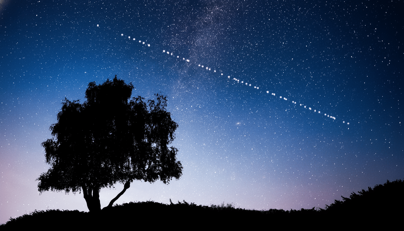 A silhouette of a tree and a hill under a starry night sky with a diagonal trail of satellite lights. Filename : starry nighttree satellite trail.png