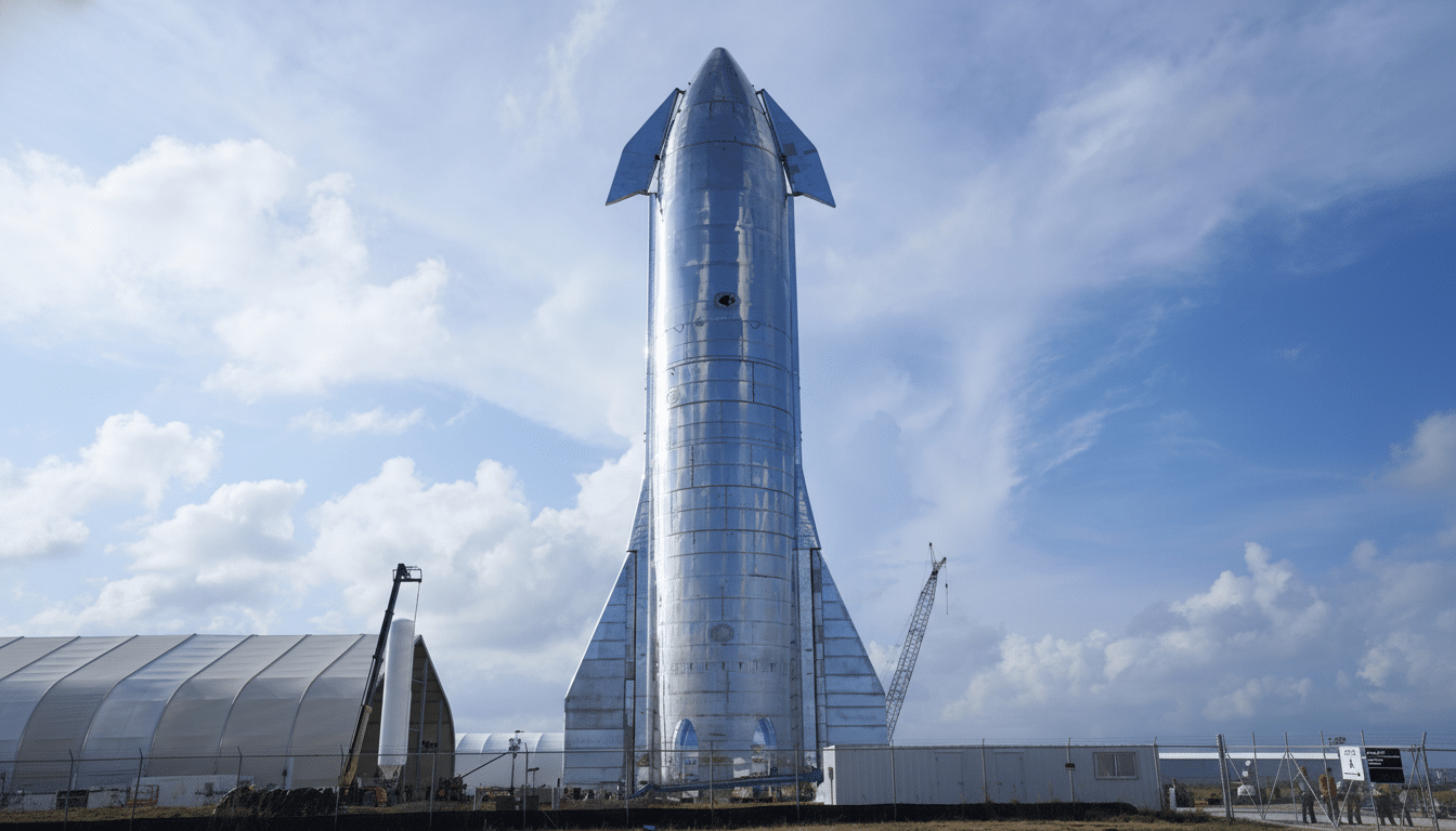 A large , shiny silver rocket stands tall against a partly cloudy blue sky, with some industrial structures and a fence visible at its base. Filename : spac exstarship 1 69. png
