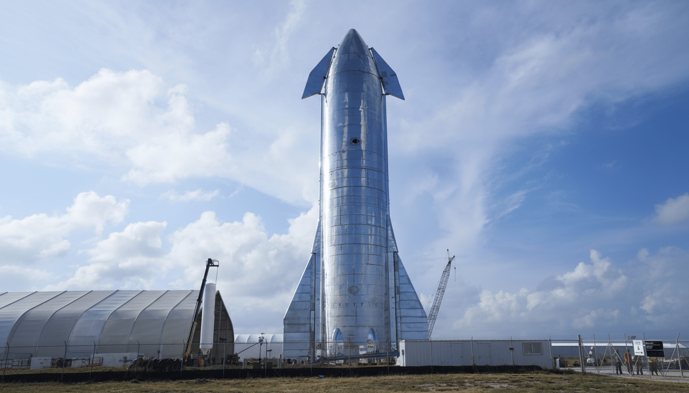 A large, gleaming silver rocket stands tall against a partly cloudy blue sky, with a tent- like structure and scaffolding visible in the background.