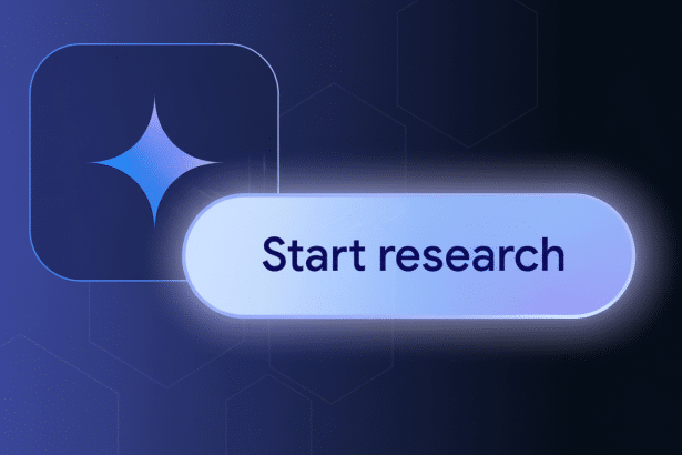 A black cursor ho vers over a glowing blue button that reads Start research. A glowing blue star icon is to the left. The background features subtle h