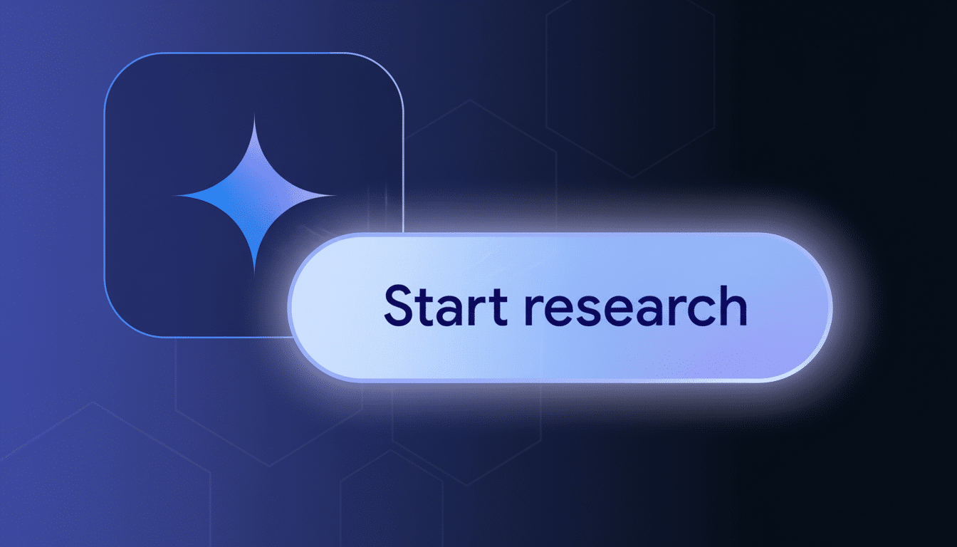 A black cursor ho vers over a glowing blue button that reads Start research. A glowing blue star icon is to the left. The background features subtle h