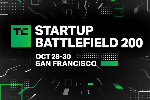 The Startup Battlefield 20 0 event banner on a black background with green and white geometric shapes and dots. The text TE Startup Battlefield 2 00 is prominent in white, with OCT 28- 30 and SAN FRANCISCO below it . Filename : startupbattle field20 0event banner.png