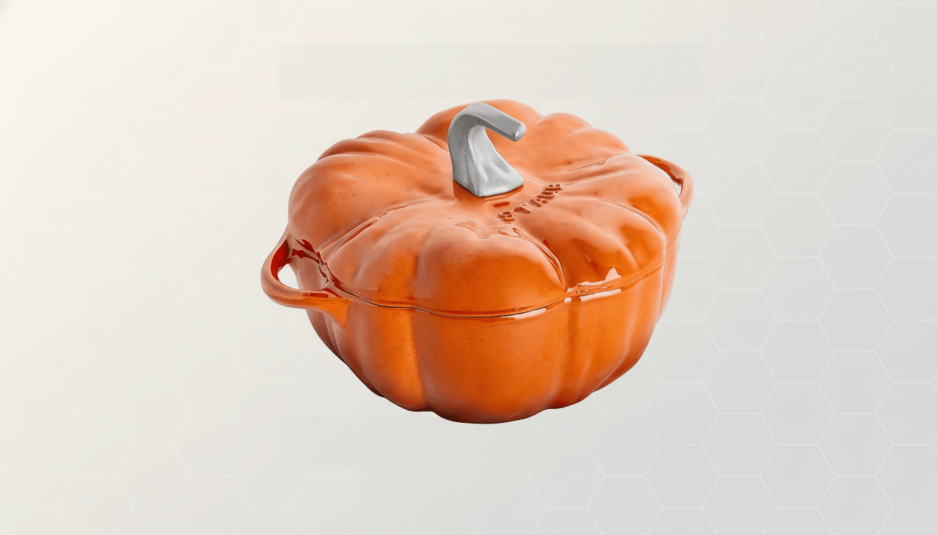 An orange pumpkin -shaped coc otte with a grey stem handle, presented against a professional flat design background with soft, light grey hexagonal pa