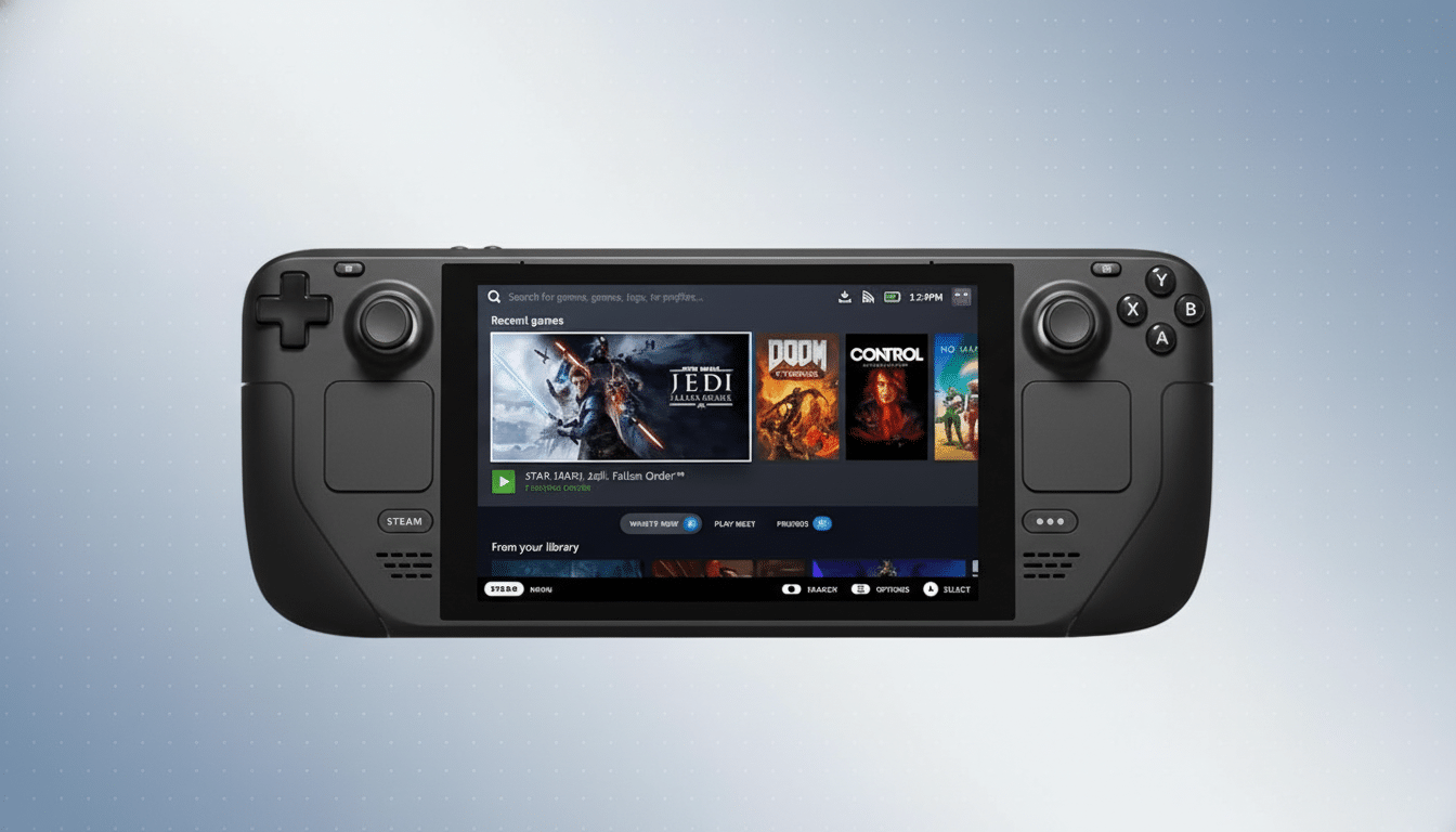 A professional , enhanced image of a Steam Deck handheld gaming console with a professional flat design background.