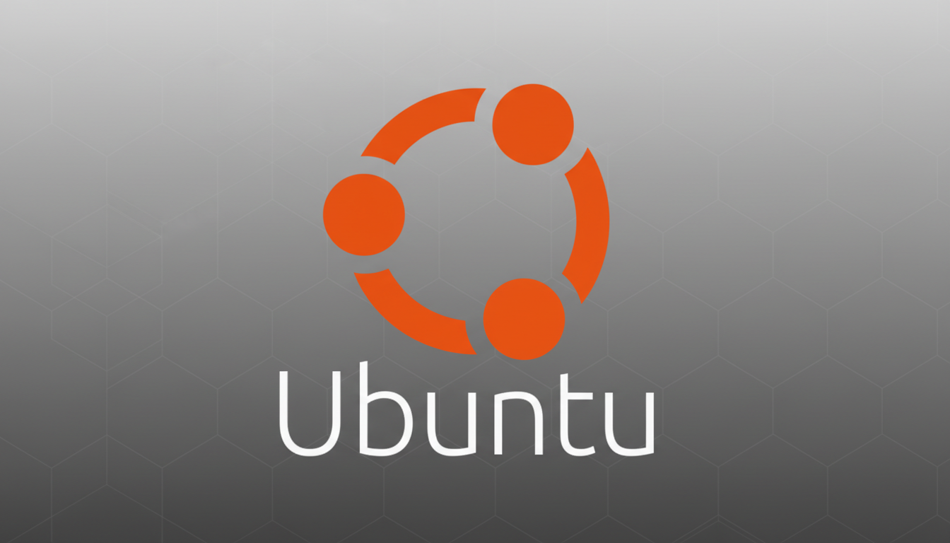 The Ubuntu logo, featuring three orange circles connected in a ring above the word Ubuntu in white text, set against a professional gray background with a subtle hexagonal pattern and a soft gradient.