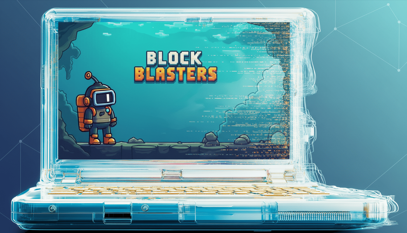 Here is your enhanced image : A translucent laptop displays the  Block Bl asters game with a pixel