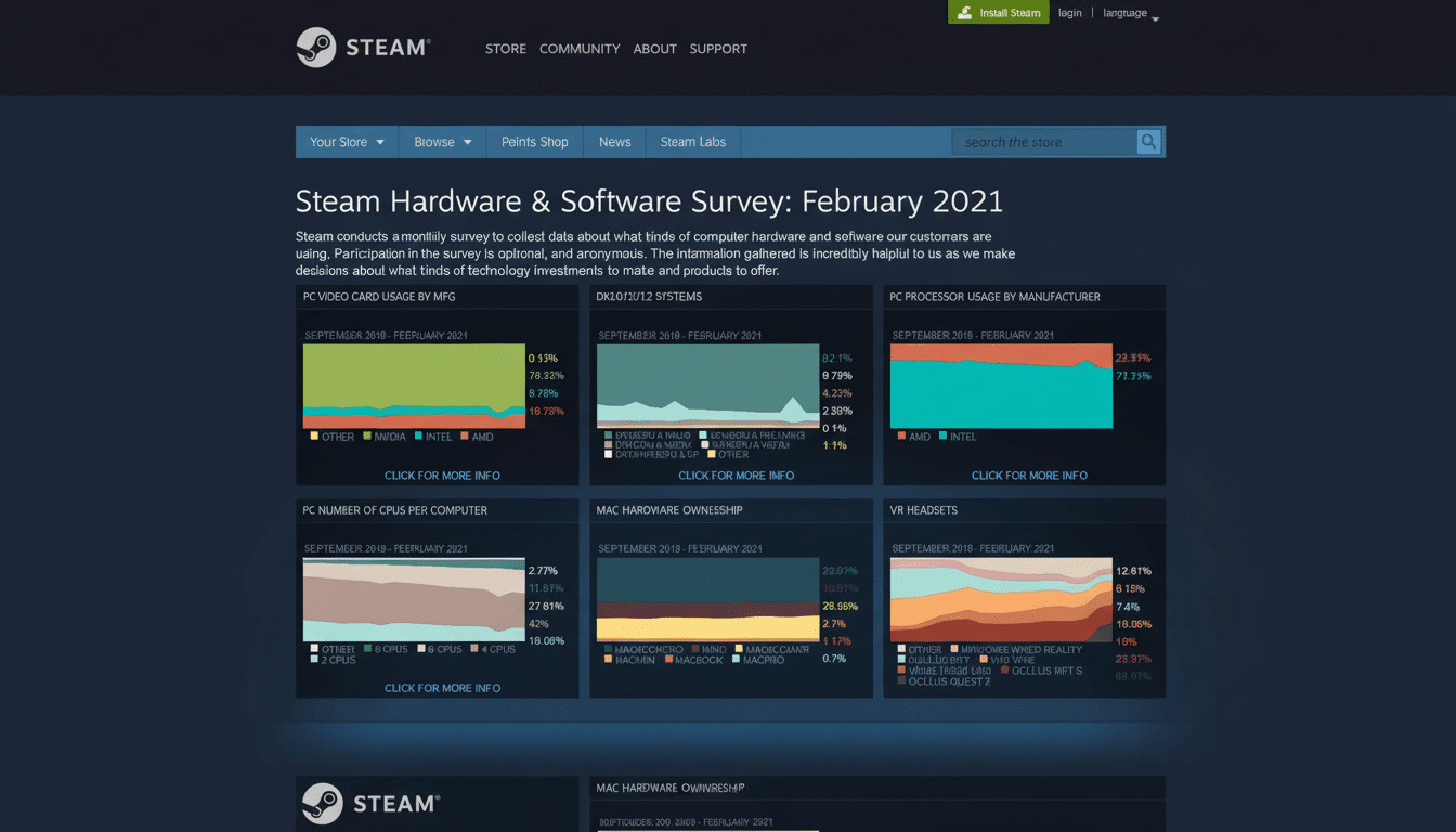 A screenshot of the Steam Hardware & Software Survey from February 2 021, displaying various charts and data about PC components, Mac hardware ownersh