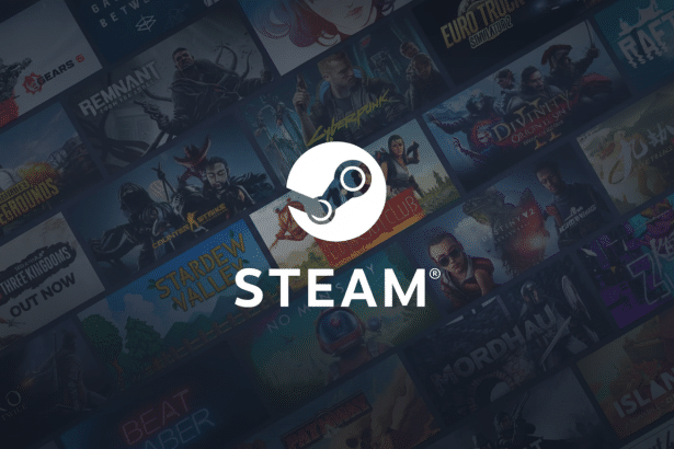 The Steam logo and STEAM® text are centered over a collage of video game cover art, presented in a professional 16: 9 aspect ratio.
