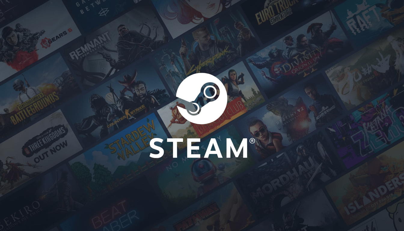 The Steam logo and STEAM® text are centered over a collage of video game cover art, presented in a professional 16: 9 aspect ratio.