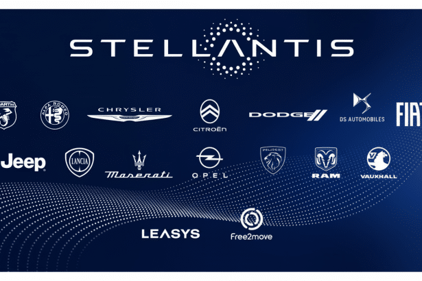 A professional image showcasing the Stellantis logo prominently at the top, with an array of its subsidiary automotive brands neatly arranged below. The brands include A barth, Alfa Romeo , Chrysler, Citro ën, Dodge, DS Automobiles, Fiat , Jeep, L ancia, Maserati, Opel, Peugeot, Ram, and Vauxhall, all presented in white against a deep blue background with a subtle, dynamic dotted wave pattern. Below these, Leasys and Free2move logos are displayed.
