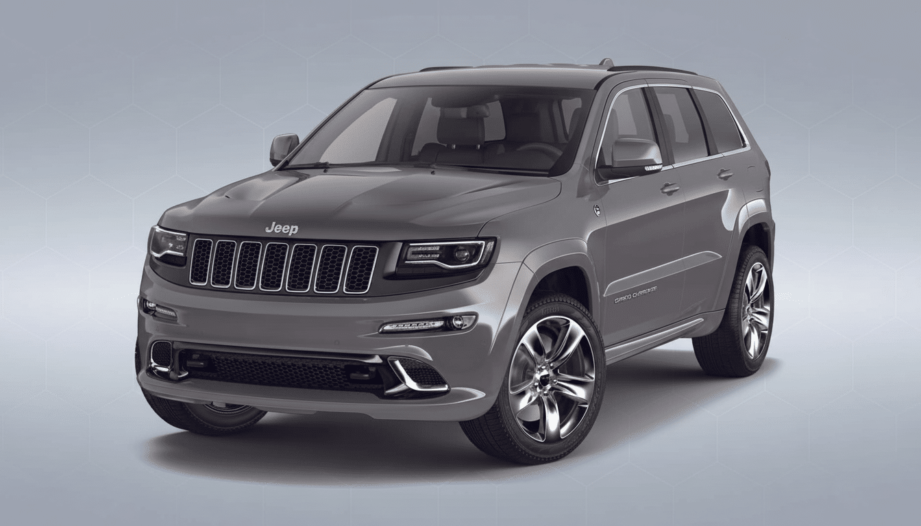 A gray Jeep Grand Cherokee SRT in a studio setting , resized to a 1 6:9 aspect ratio with a soft gray patterned background. Filename : jeepgrand cherokee srt16 9. png