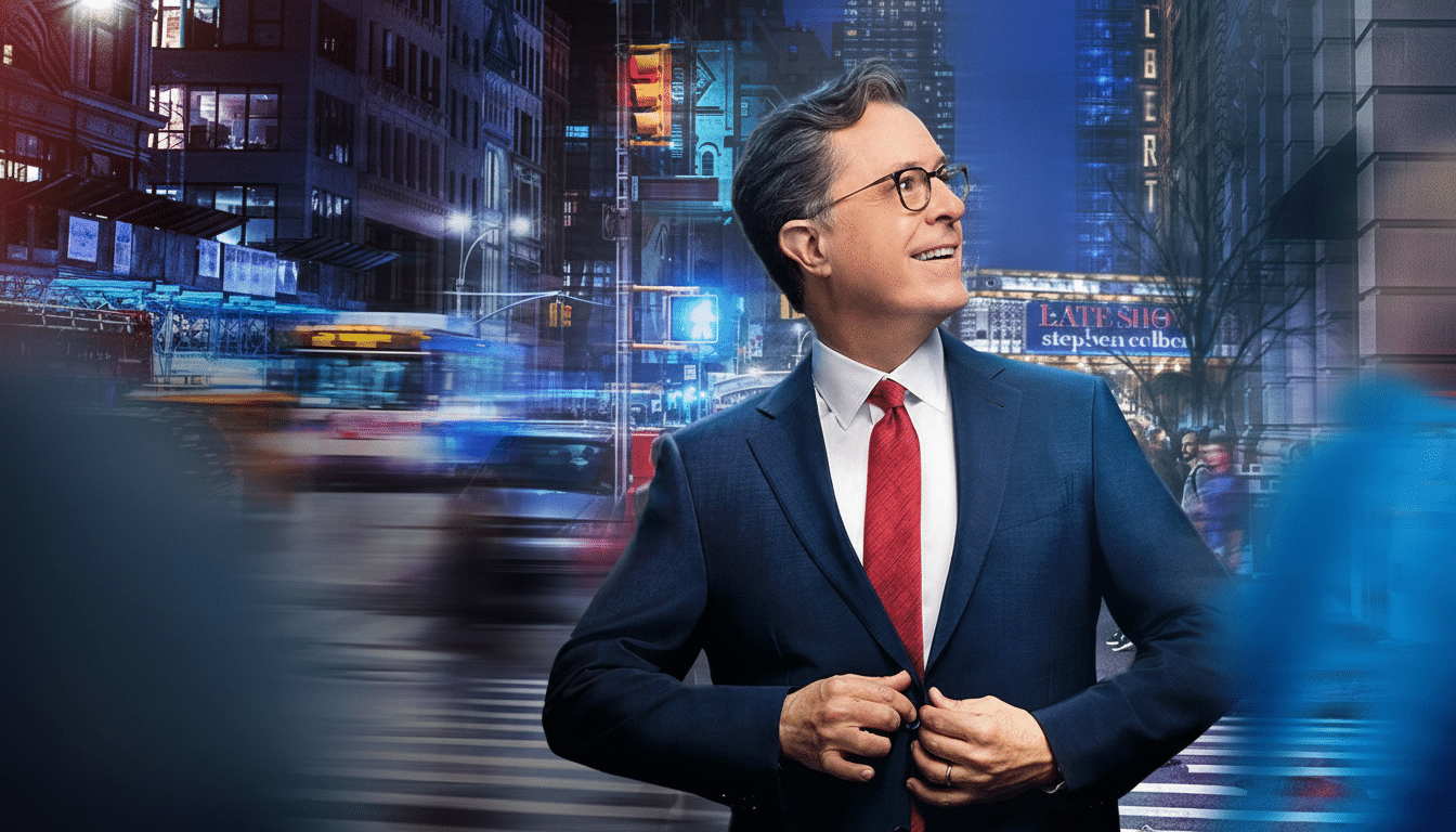 Stephen Colbert in a suit and red tie, looking up and to the right, in a cityscape at night with blurred traffic.