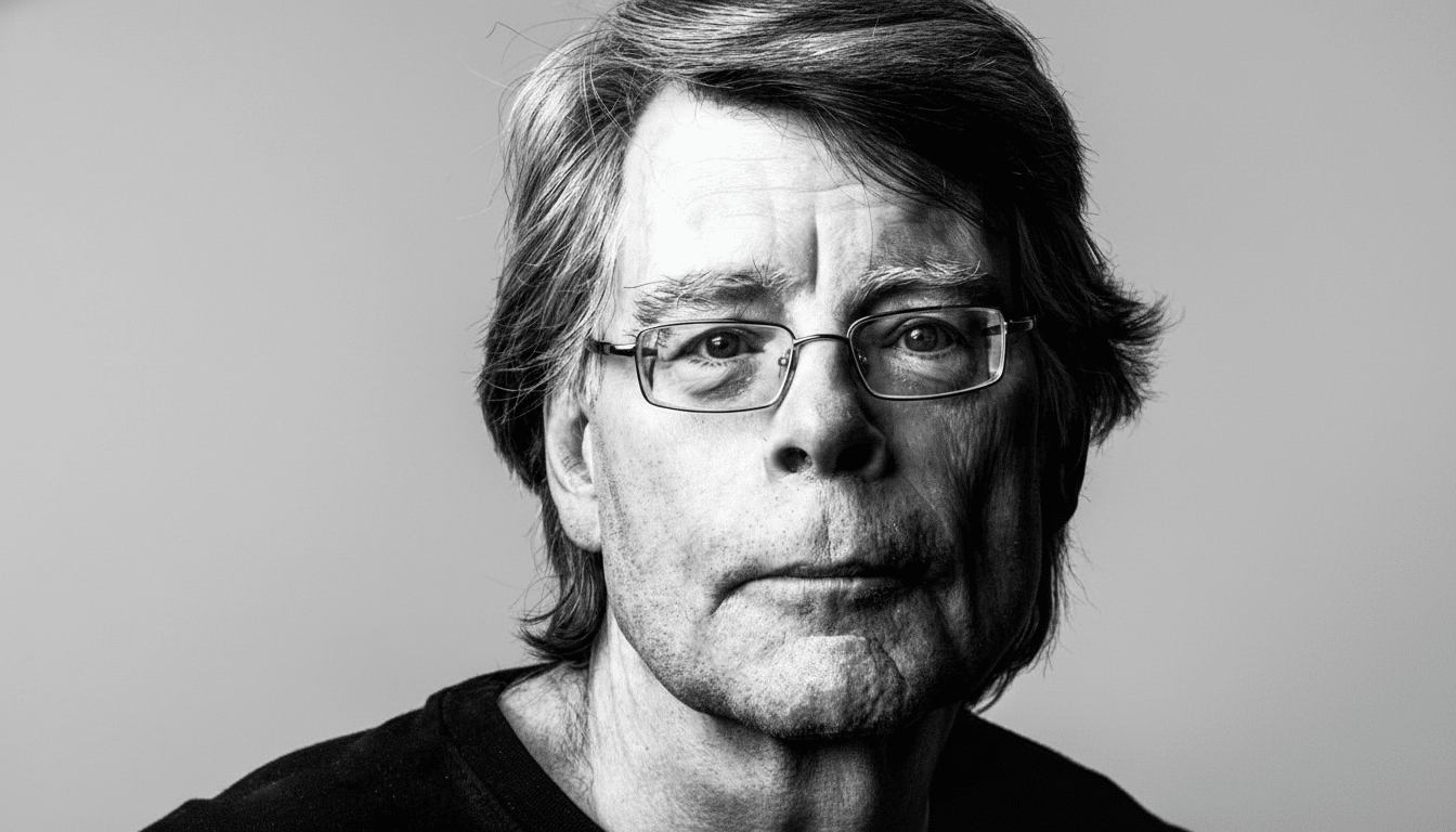 A professional , black and white portrait of a man with glasses, Stephen King, looking directly at the camera. The background is a plain light gray.