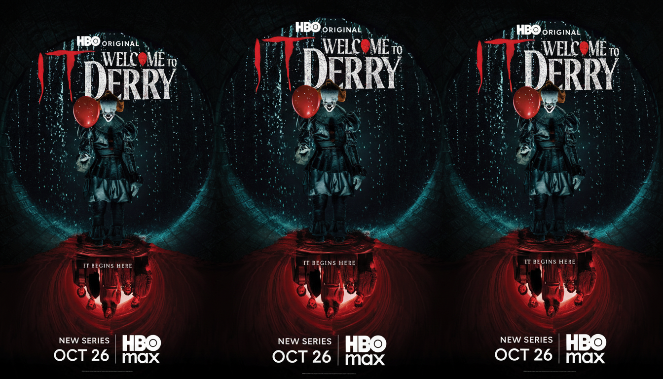 A promotional poster for Welcome to Derry featuring Pennywise the clown holding a red balloon in a sewer, with the reflection of children below, resized to a 16:9 aspect ratio.