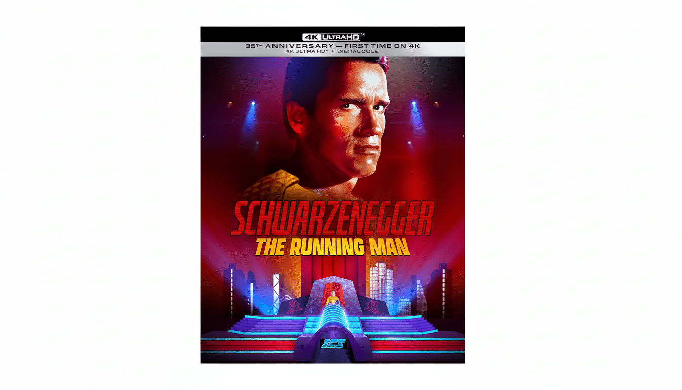 A 16:9 aspect ratio image of the movie poster for The Running Man , featuring Arnold Schwarzenegger ' s intense face at the top , and the movie title below . The bottom portion shows a futuristic game show set with a small figure in a tube .