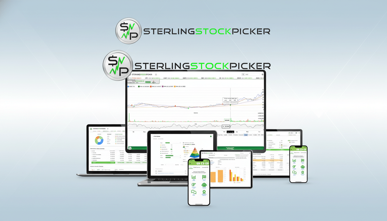 A professional display of Sterling Stock picker ' s software and app across multiple devices: a large monitor, a laptop, a tablet, and a smartphone, all showing investment charts and data . The brand ' s logo is prominently featured. Filename : sterlingstock pickermulti device.png