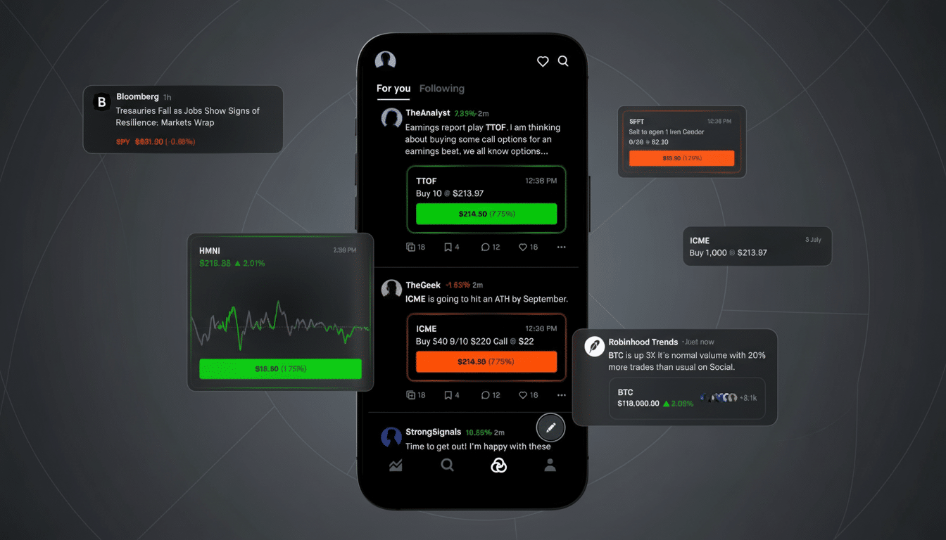 A professional, enhanced image displaying a mobile phone screen with a social media feed about stock market trades, surrounded by various stock widget
